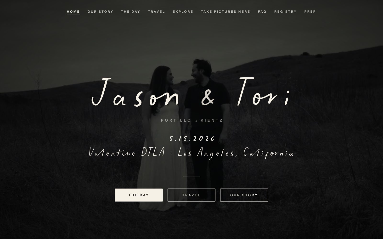 The wedding website I built for Jason and Tori: their names in
                    handwriting over a black and white photograph of the two of them
                    in a field, with the date and venue underneath.